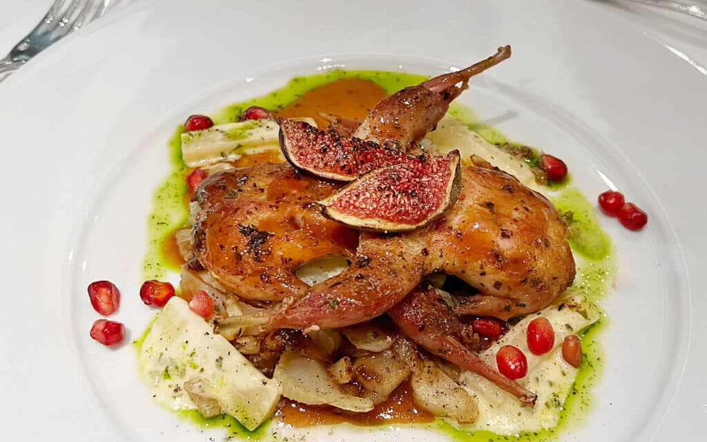 Roasted Qual & Spiced Figs with Caramelized Fennel, Salsify Ragout, Pomegranate & Poultry Jus.