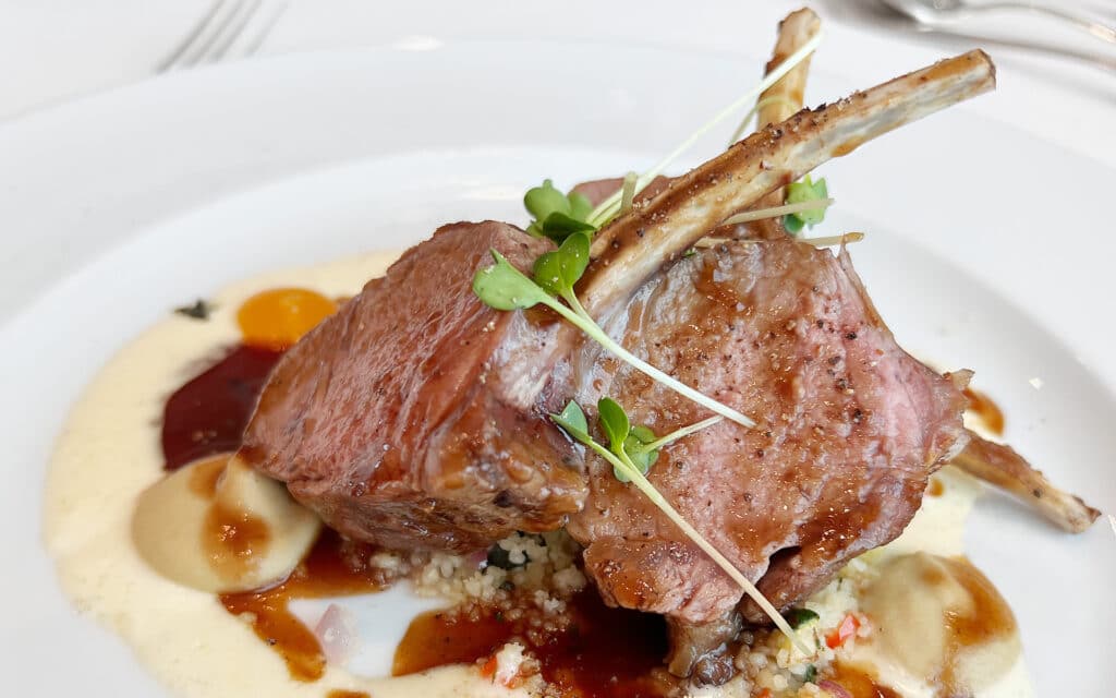 A roasted rack of lamb.