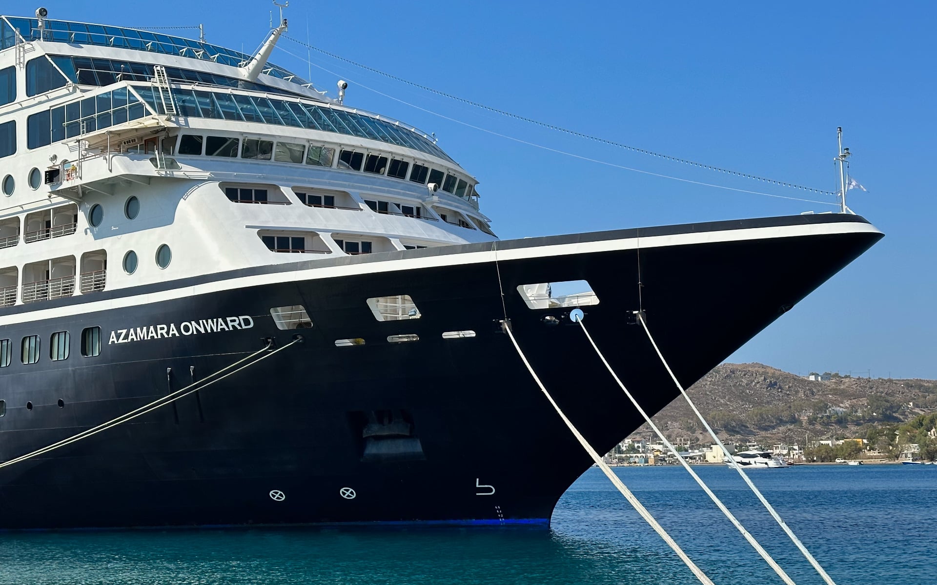 The Azamara Onward cruise ship in Patmos, Greece.