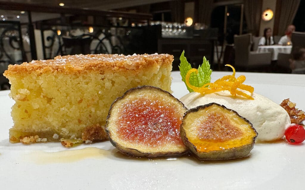 Fig Almond Olive Oil Cake served in Discoveries Restaurant on Azamara Onward.