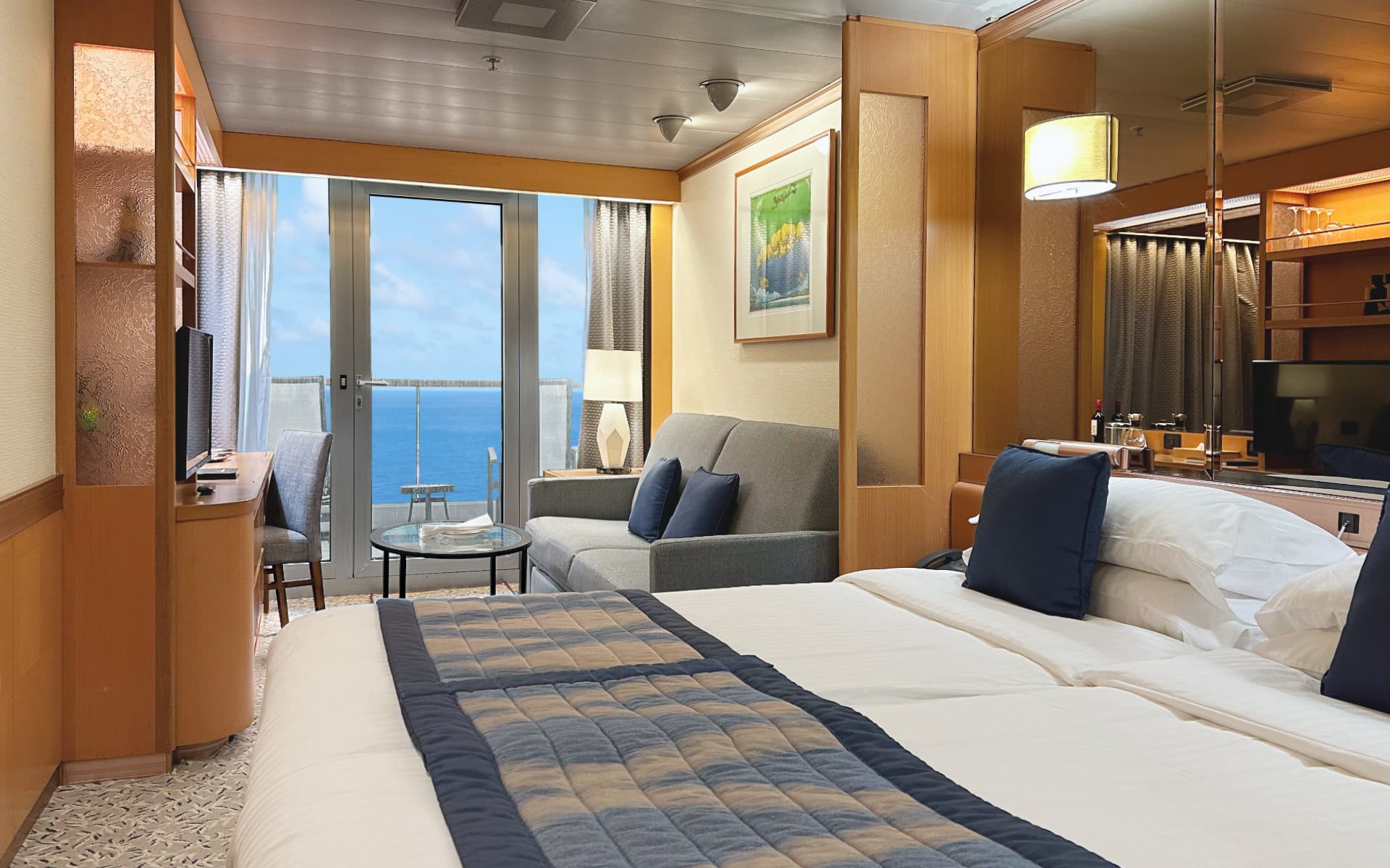 A view across a Balcony Suite on the Borealis cruise ship.
