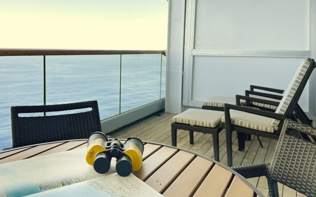 The veranda in a Premier Suite on the Borealis Cruise ship.