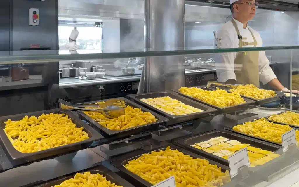 The handmade pasta station in the Emporium Marketplace buffet on the Explora I cruise ship.