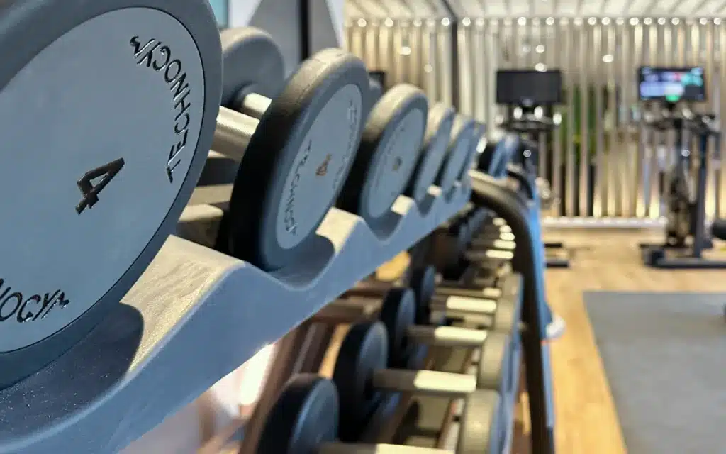 Free weights in the gym on the Explora I cruise ship.