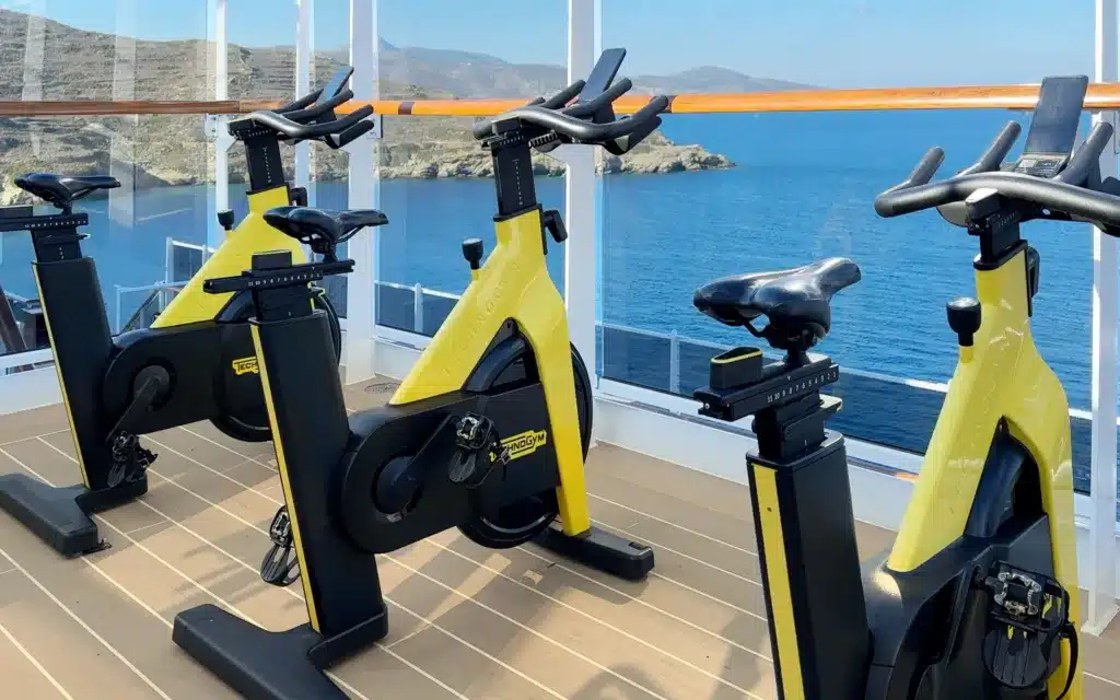 Exercise bikes on the open decks on the Explora I cruise ship.