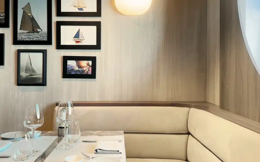 A table in The Med Yacht Club restaurant on the Explora I cruise ship.