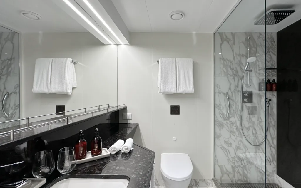 The bathroom in an Ocean Terrace Suite on the Explora I cruise ship.