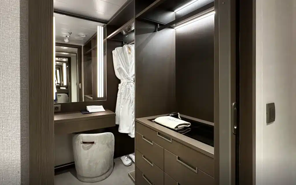 The dressing room in an Ocean Terrace Suite on the Explora I cruise ship.