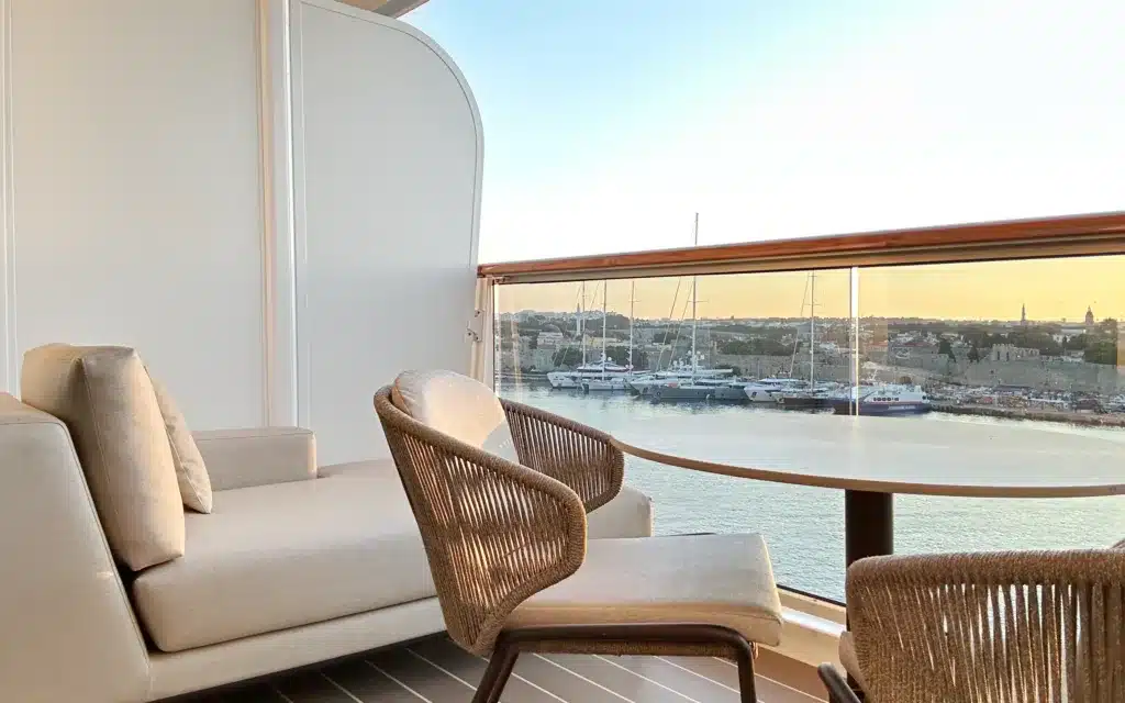 The veranda of an Ocean Terrace Suite on the Explora I cruise ship.