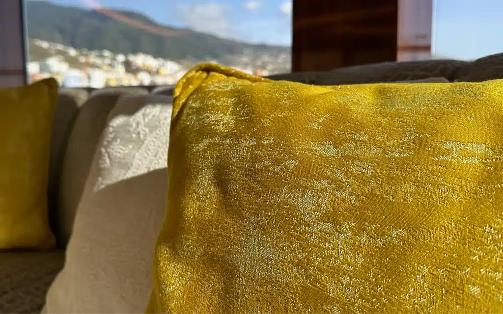 Damask cushions in a lounge on the World Travelller cruise ship.