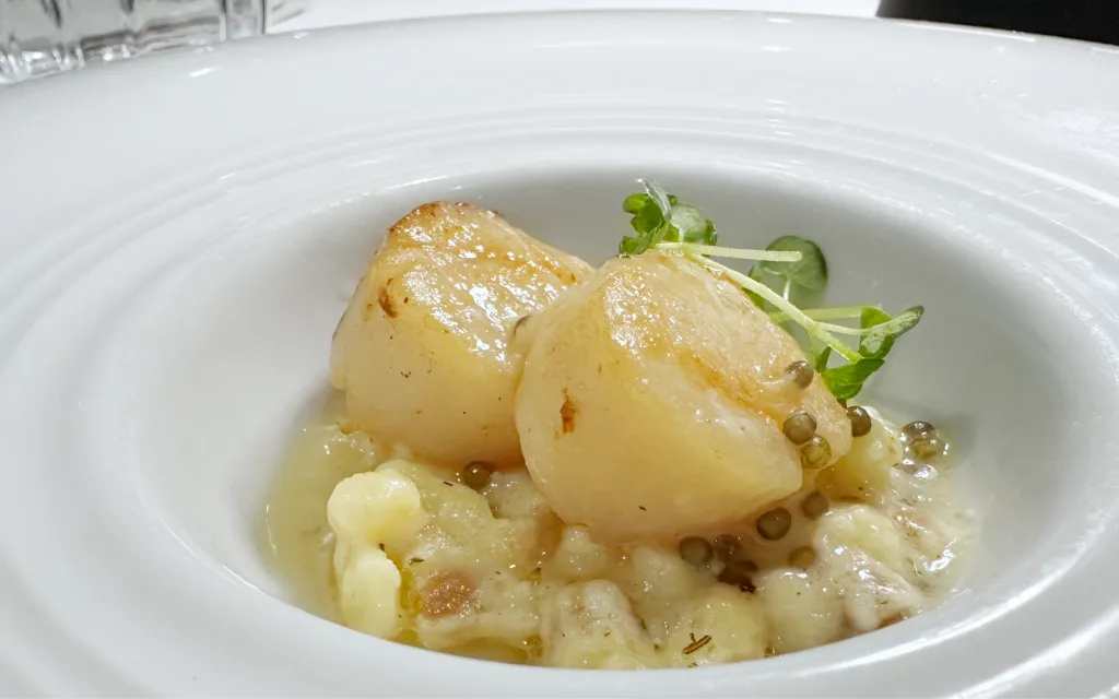 Seared Scallop with Fregola Sarda Risotto & Beurre Nantis Caviar.