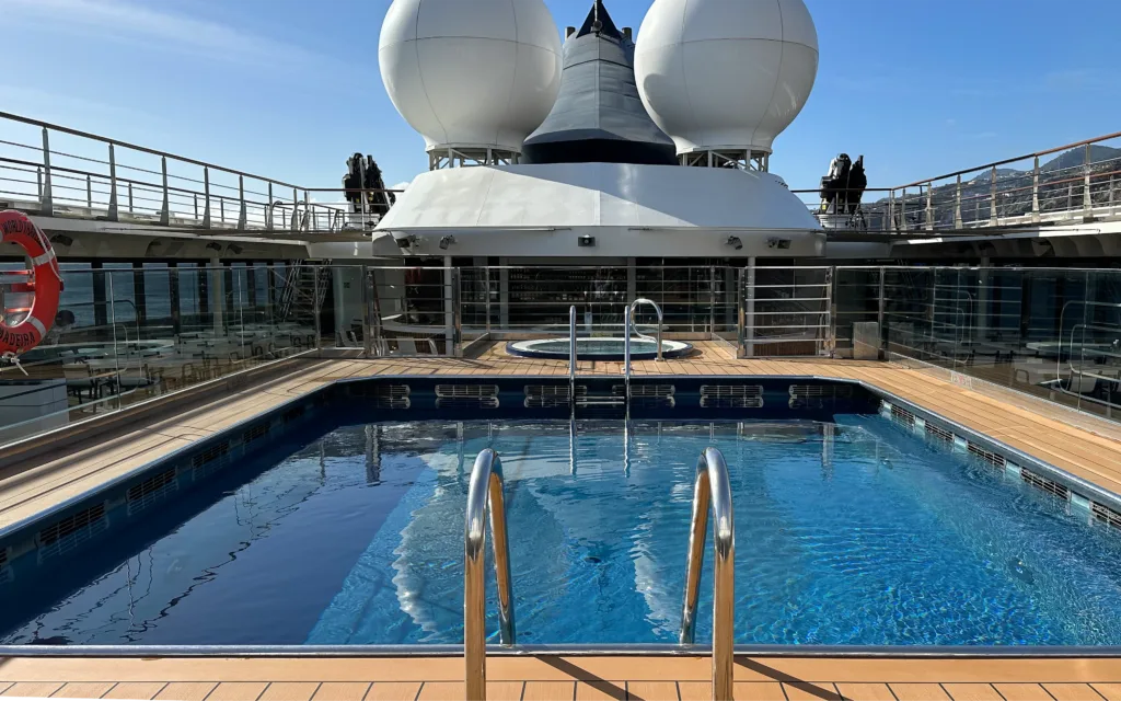 The swimming pool onboard the World Traveller cruise ship.