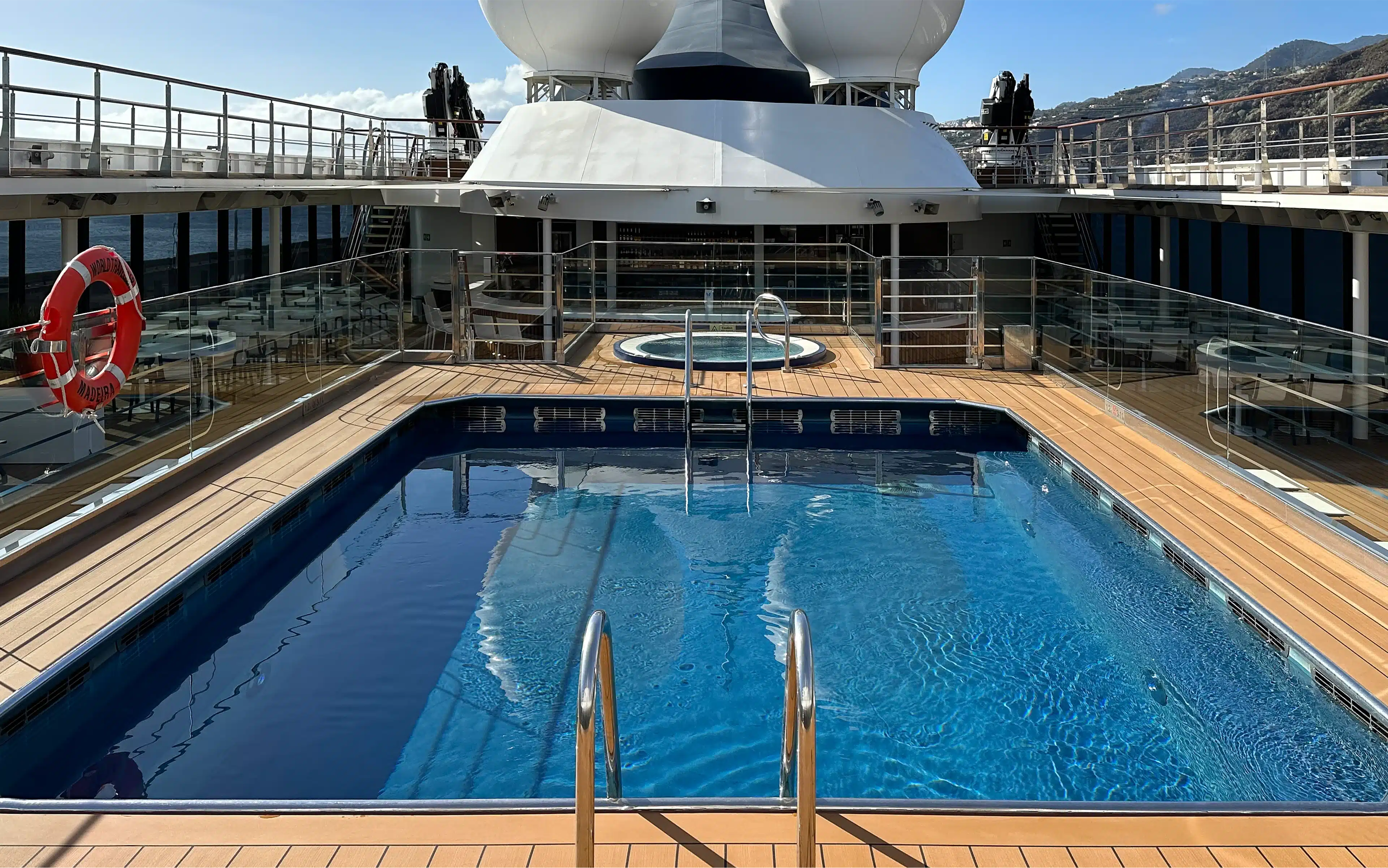 The swimming pool onboard the World Traveller cruise ship.