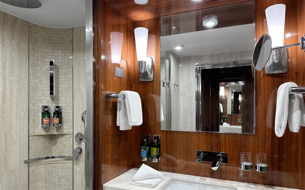 The bathroom in a World Traveller Veranda Stateroom.