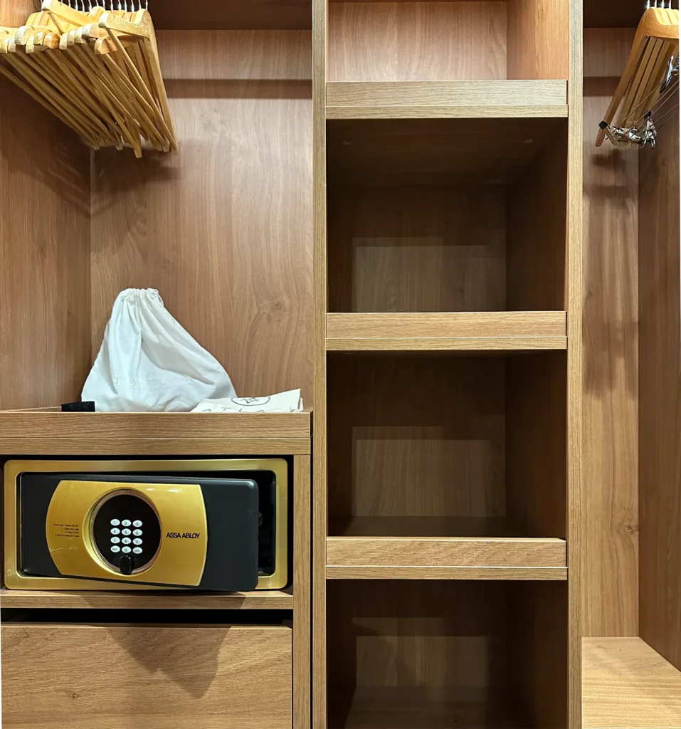 The closet in a World Traveller Veranda Stateroom.