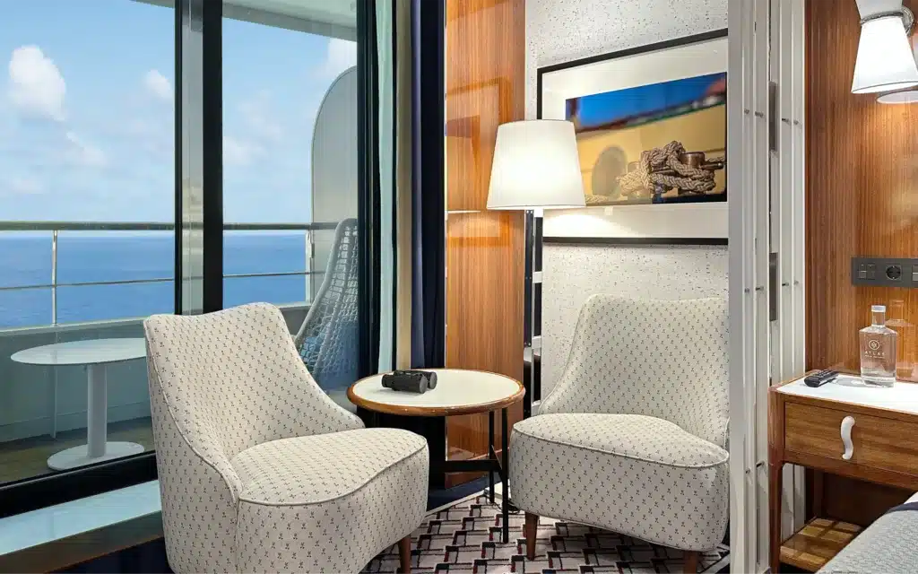 The sitting area in a World Traveller Veranda Stateroom.