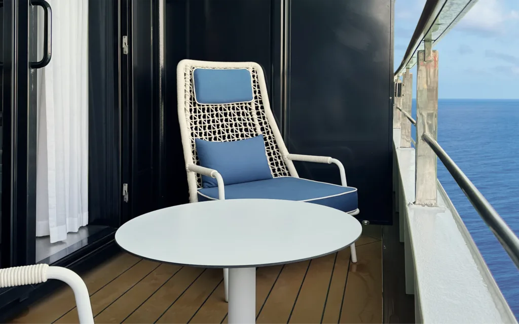 A balcony in a World Traveller Veranda Stateroom.